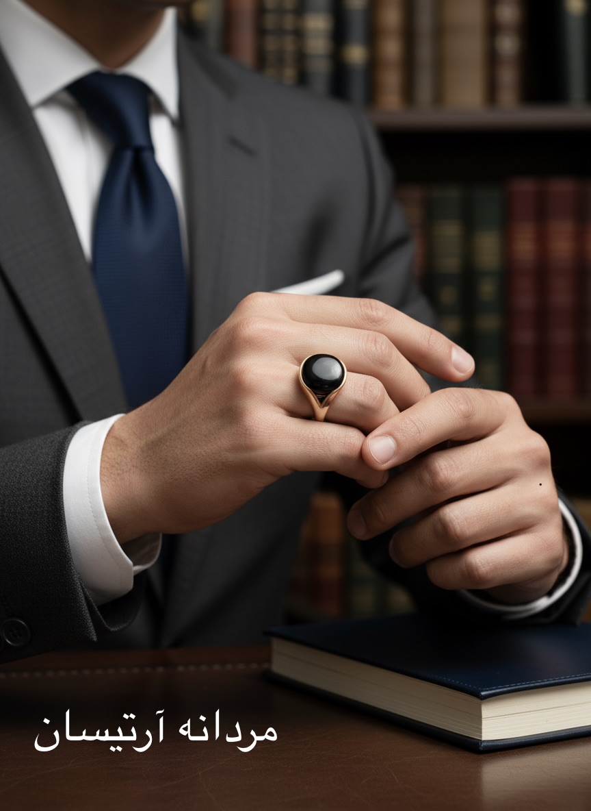 انگشتر نقره مردانه آرتیسان با سنگ مشکی روی دست مرد با کت‌وشلوار رسمی