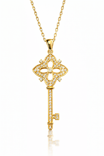 گردنبند نقره ۹۲۵ طرح کلید اقبال گل چهارپر نگیندار با زیرکونیا (زنجیر ۴۲ سانت)